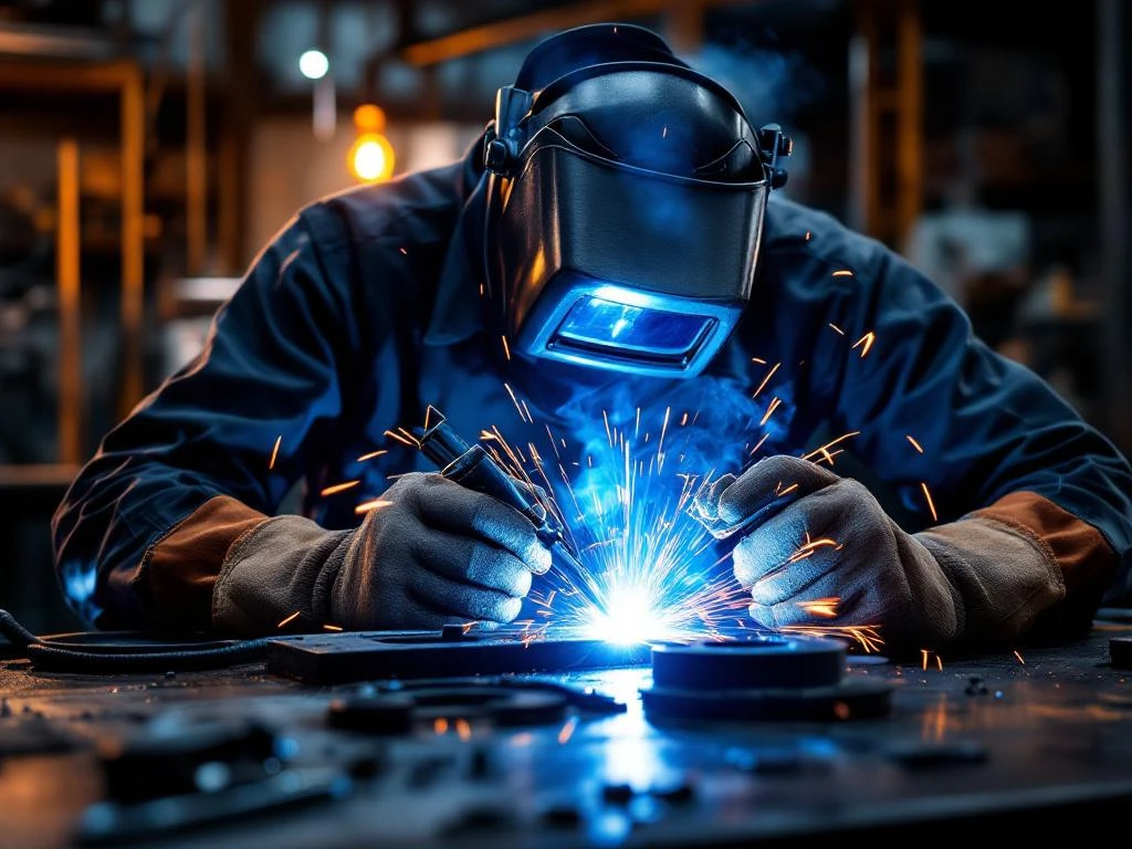 Echipament profesional de sudură pe bancă din oțel cu scântei albastre și iluminare dramatică portocalie