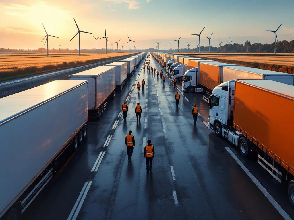 Vedere aeriană a unui hub logistic olandez cu camioane moderne alb-portocalii și șoferi în veste reflectorizante