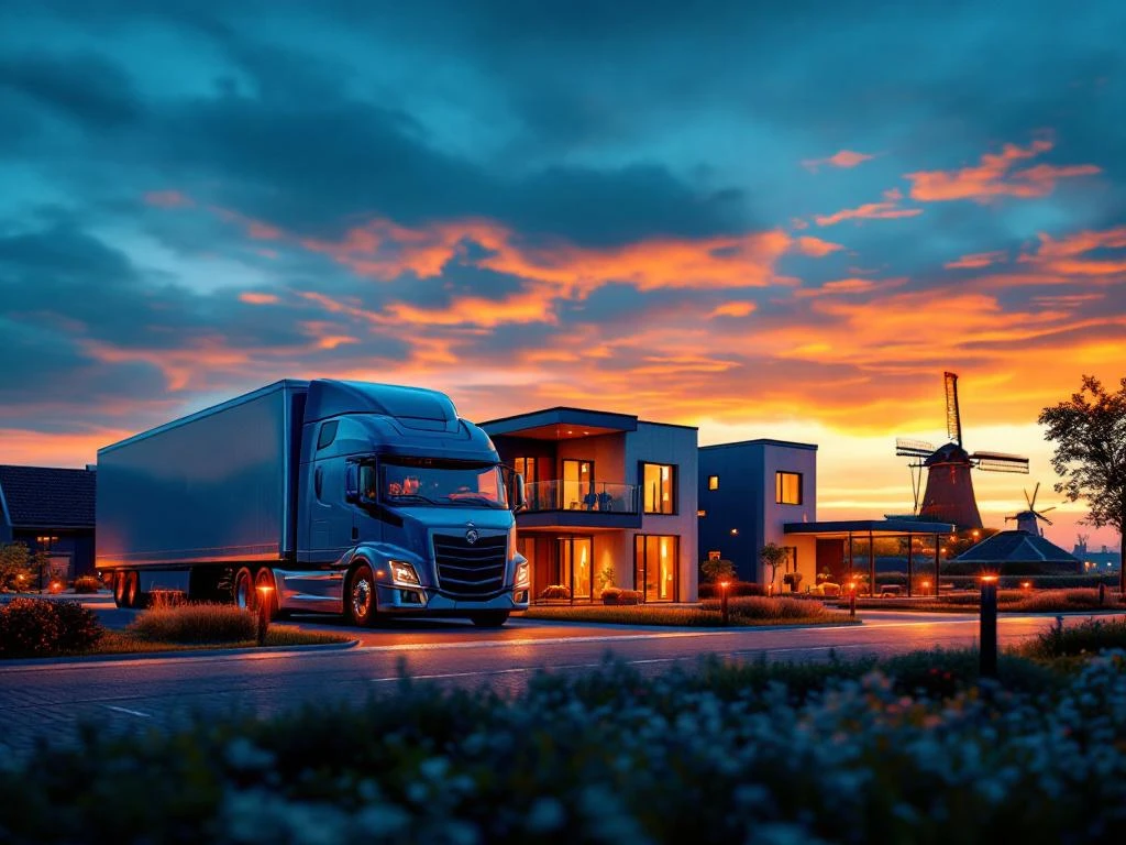 Camion modern parcat la o stație olandeză cu facilități de cazare contemporane, iluminat profesional la ora de aur