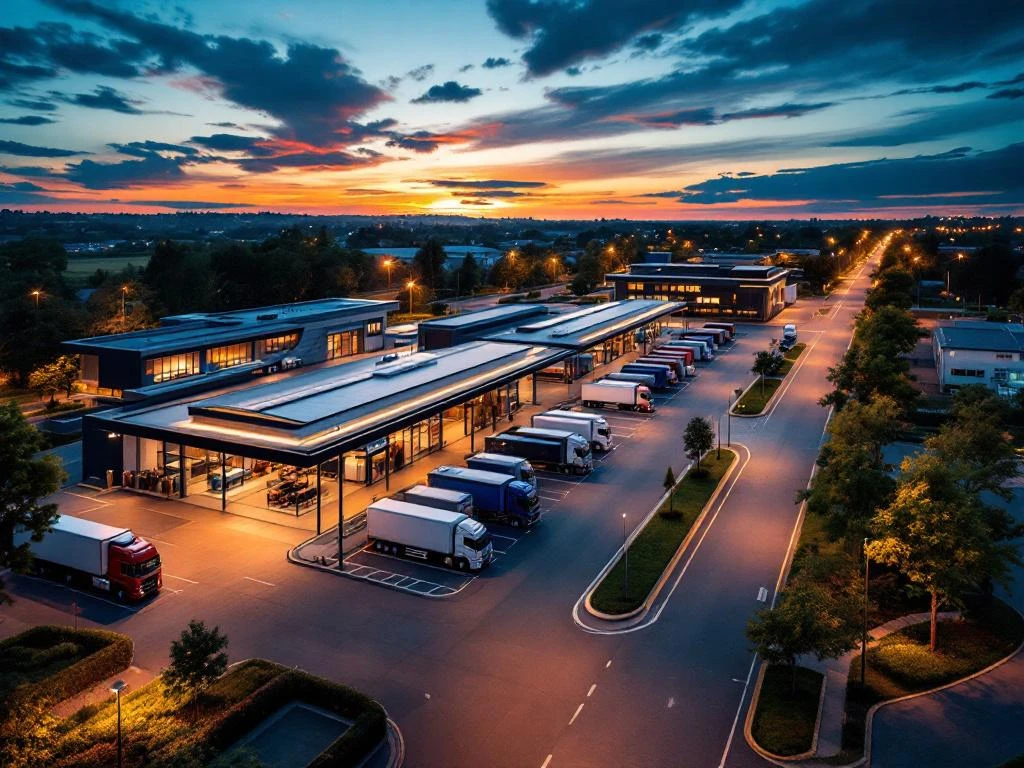 Vedere aeriană a unei stații moderne olandeze pentru camioane la apusul soarelui, cu parcări organizate și clădiri cu ferestre mari