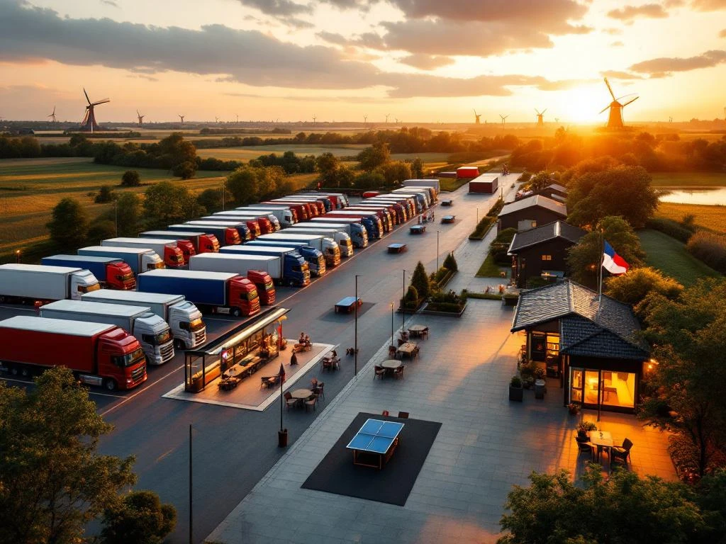 Parcare modernă de camioane în Olanda la apus cu zone de recreere, mese de ping-pong și steaguri olandeze