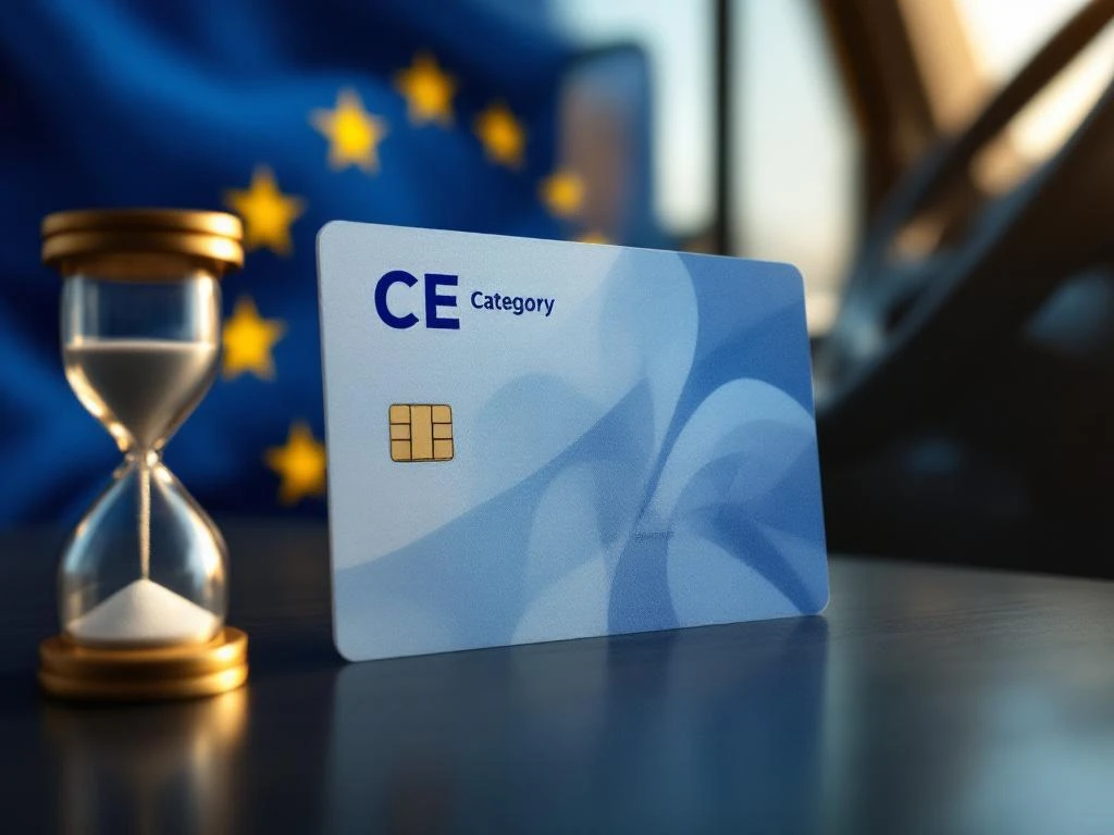 Permis de conducere categoria CE în prim-plan cu steagul UE și volanul unui camion în fundal