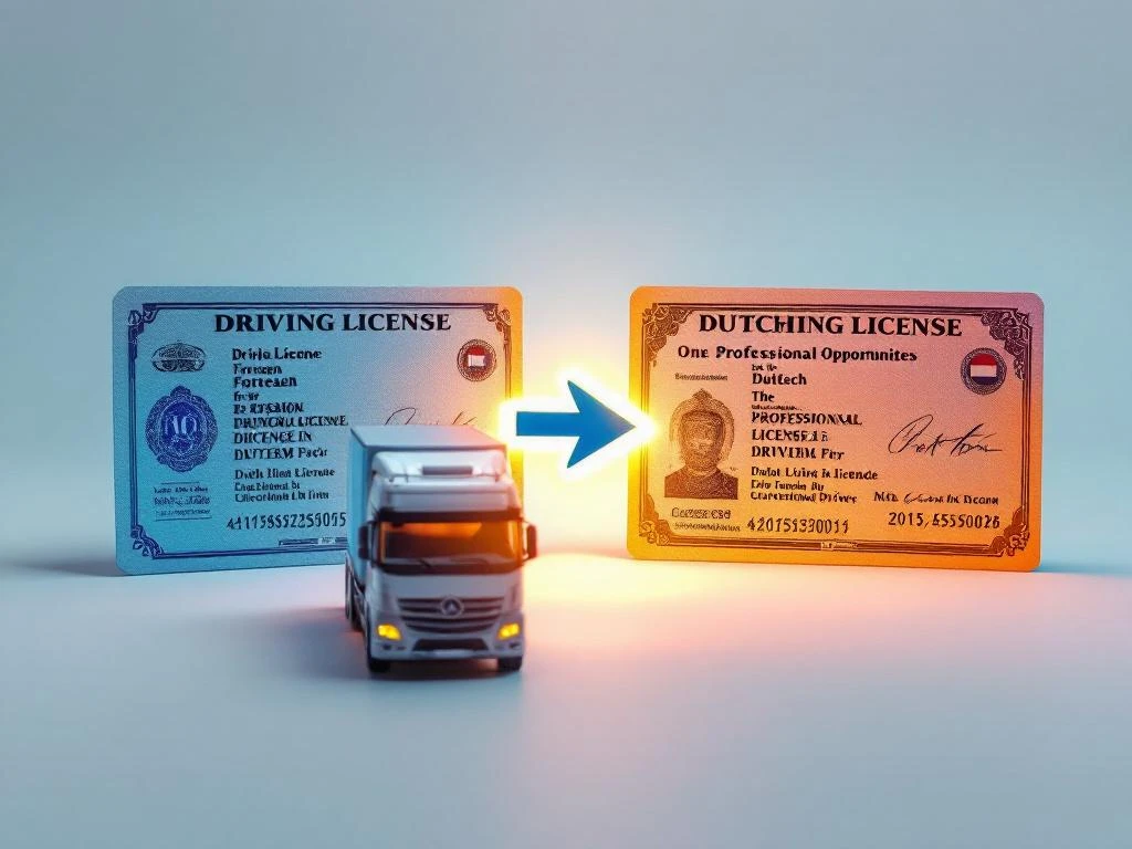 Permis de conducere străin transformându-se în permis olandez prin săgeată luminoasă, cu camion în prim-plan