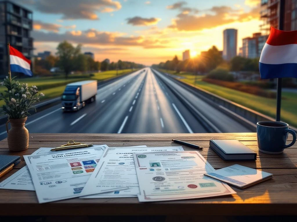 Camion comercial pe autostrada olandeză cu documente de lucru și permise pe birou, steagul Olandei în fundal