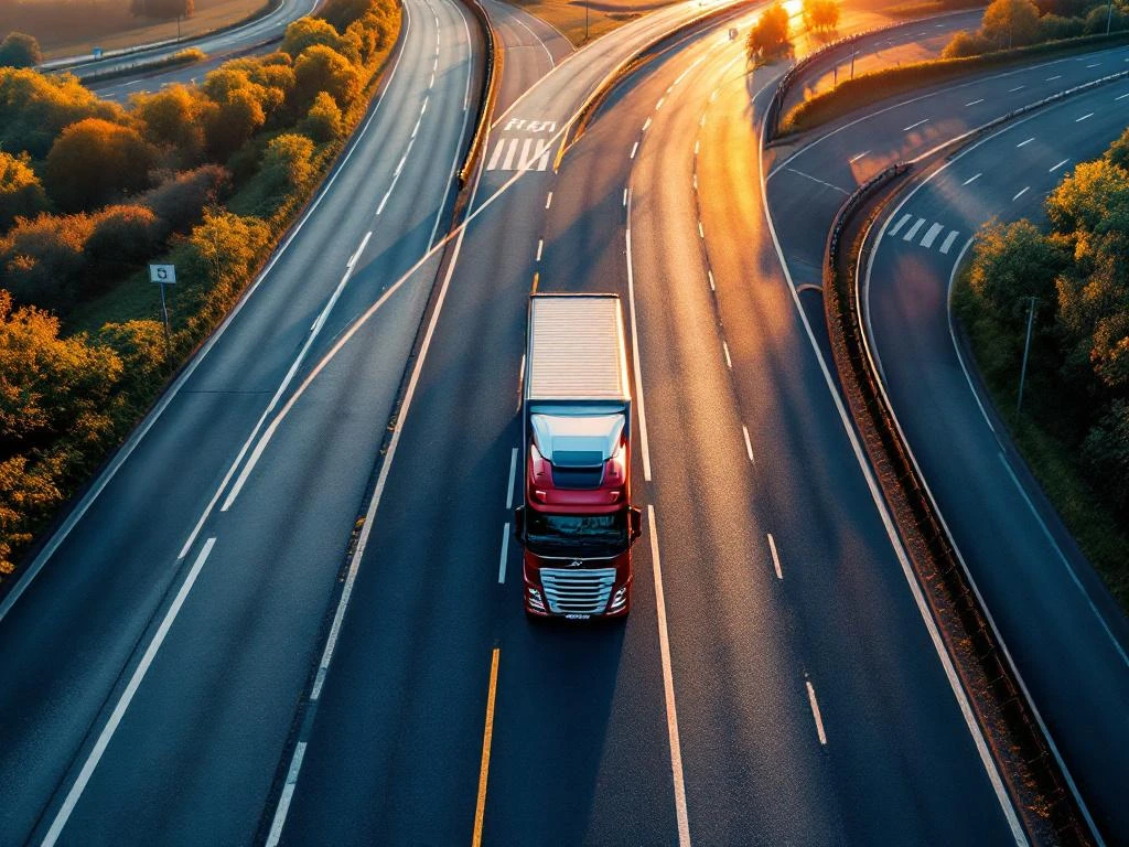 Camion roșu și alb pe autostradă olandeză modernă la apus, cu indicatoare rutiere și benzi marcate clar