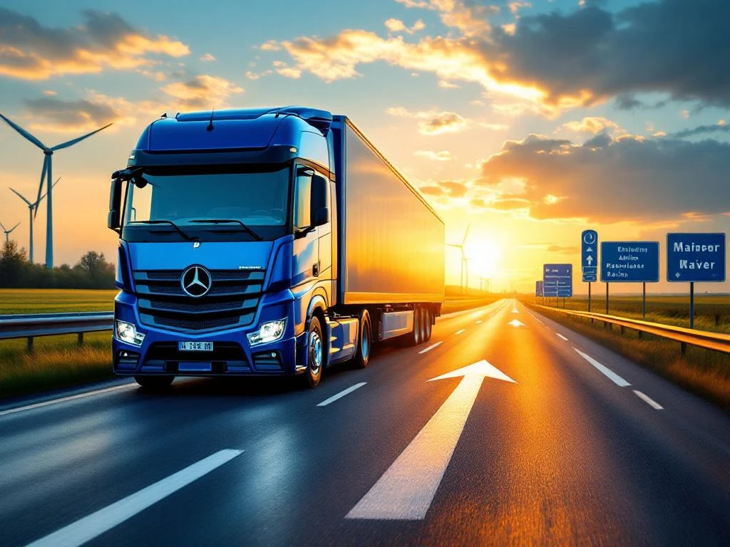 Camion european modern albastru-argintiu pe autostradă olandeză cu turbine eoliene, săgeți ascendente și semne rutiere