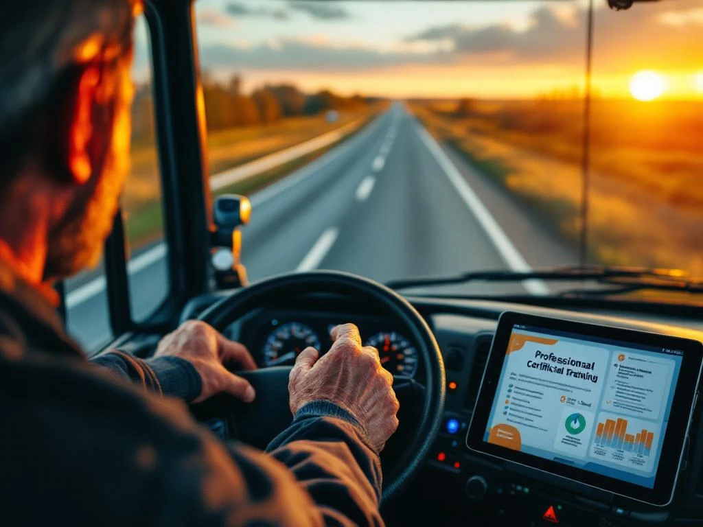 Mâini experimentate pe volanul camionului cu documente de certificare și tabletă pe bordul din Olanda