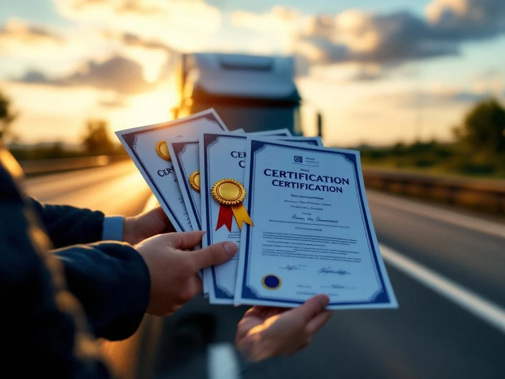 Mâinile unui șofer de camion profesionist țin certificate oficiale și insigne cu un camion comercial pe autostradă olandeză