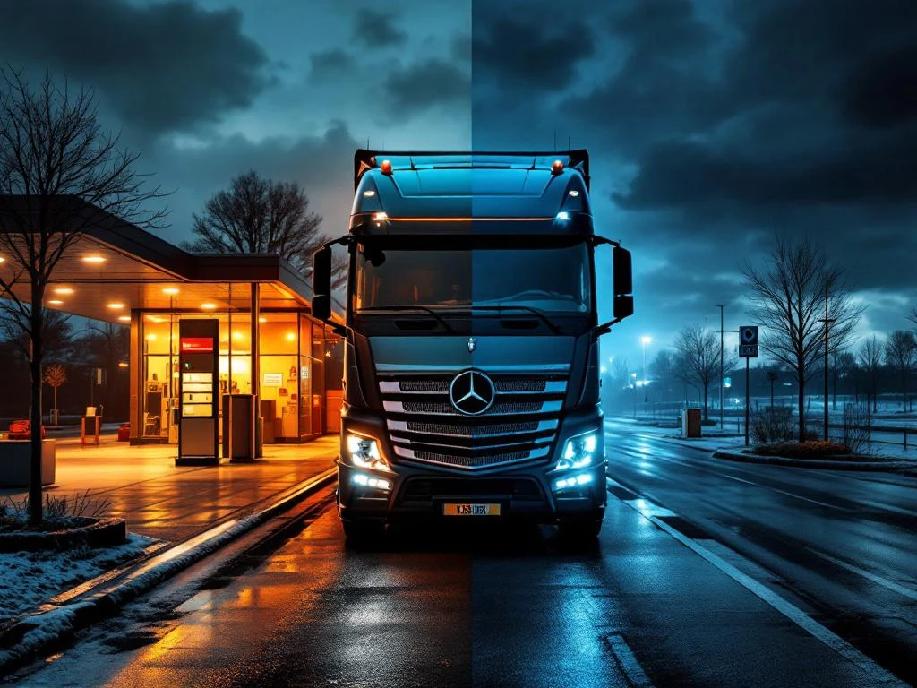 Vrachtwagen met Oost-Europees kenteken tussen moderne, goed onderhouden en verwaarloosde truckersfaciliteiten in Nederland