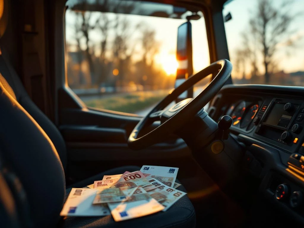Interiorul cabinei unui camion european modern cu bani euro pe scaunul pasagerului și steagul olandez în oglindă