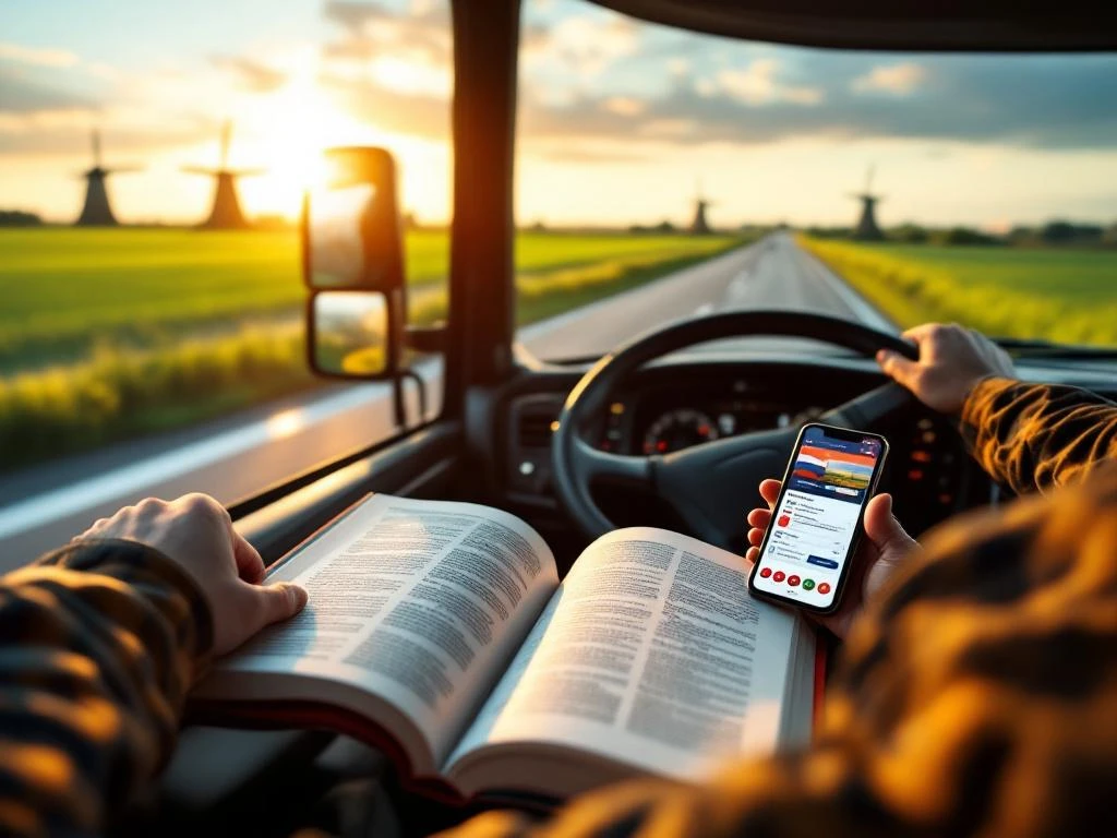 Șofer de camion învățând olandeză cu carte și aplicație pe telefon, mâini pe volan, mori de vânt olandeze în fundal