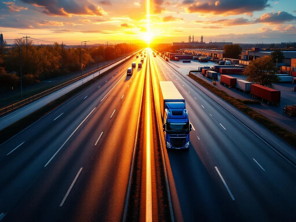 Camion albastru și alb pe autostradă olandeză goală lângă depozit logistic cu docuri de încărcare neocupate la apusul soarelui