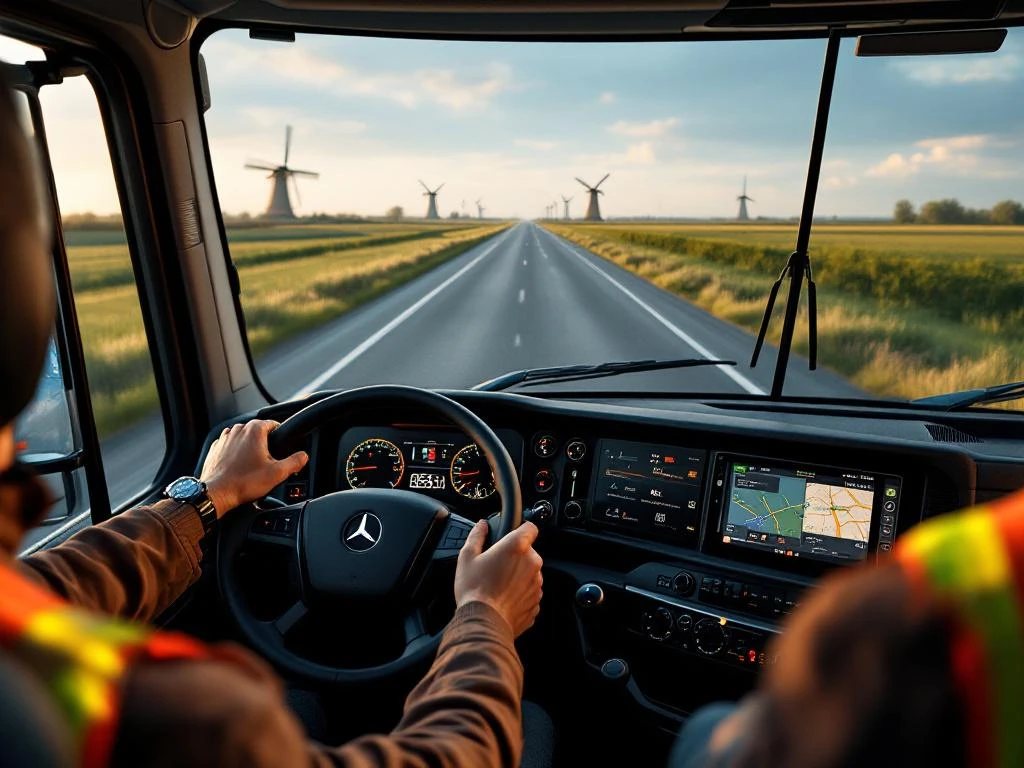 Interior cabină camion european cu șofer la volan pe autostradă olandeză cu morile de vânt și echipament de siguranță vizibil