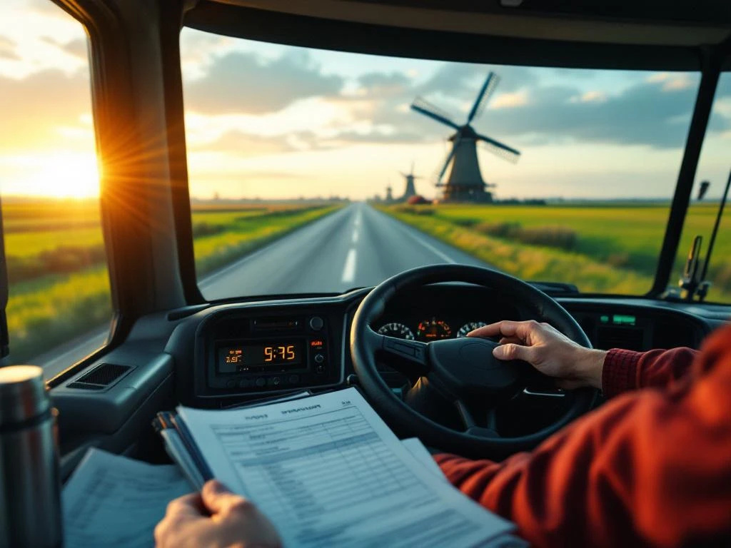 Mâinile șoferului de camion pe volan în cabină modernă cu peisaj olandez cu morile de vânt vizibile prin parbriz