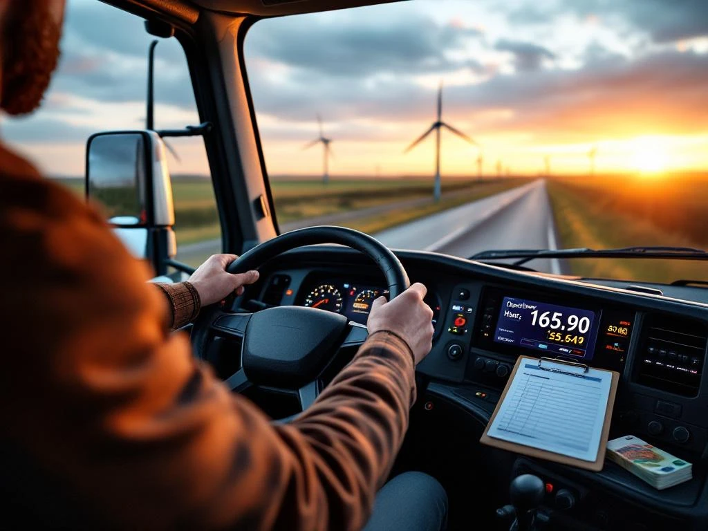 Mâinile șoferului de camion pe volan cu ore suplimentare afișate pe bord, bancnote euro și peisaj olandez cu morile de vânt