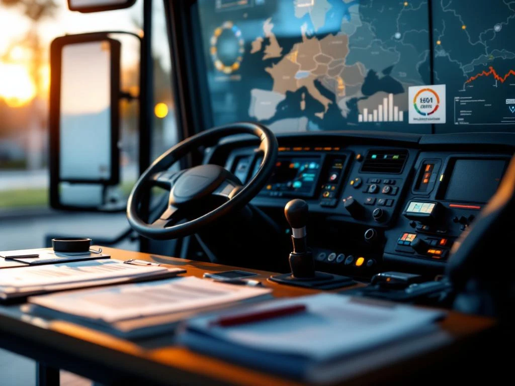 Cabină camion european modern cu volan, documente recrutare și GPS pe birou din lemn pentru șoferi profesioniști