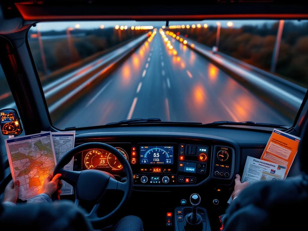 Cabină de camion modernă cu tahograf digital, hărți rutiere olandeze și documente de reglementare pe bord