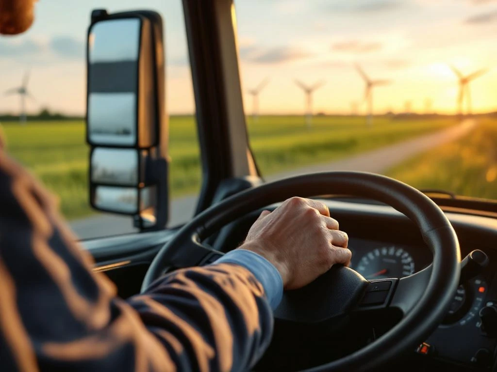 Mâinile șoferului de camion pe volanul unui semi-camion modern, cu peisaj olandez cu morile de vânt în fundal