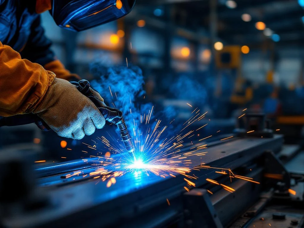 Mâinile unui sudor profesionist operând torța de sudură cu scântei albastre-albe în atelier industrial modern