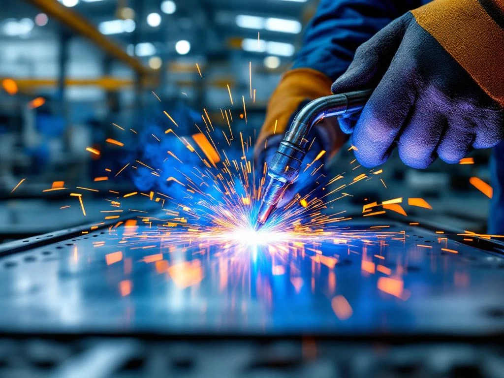 Mâinile unui sudor profesionist operând cu torța de sudură, producând scântei albastre pe suprafața de oțel în facilitate