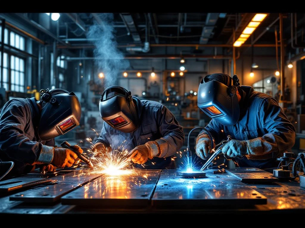 Atelier industrial modern cu multiple stații de sudură TIG, MIG și subacvatică, echipamente profesionale și scântei luminoase