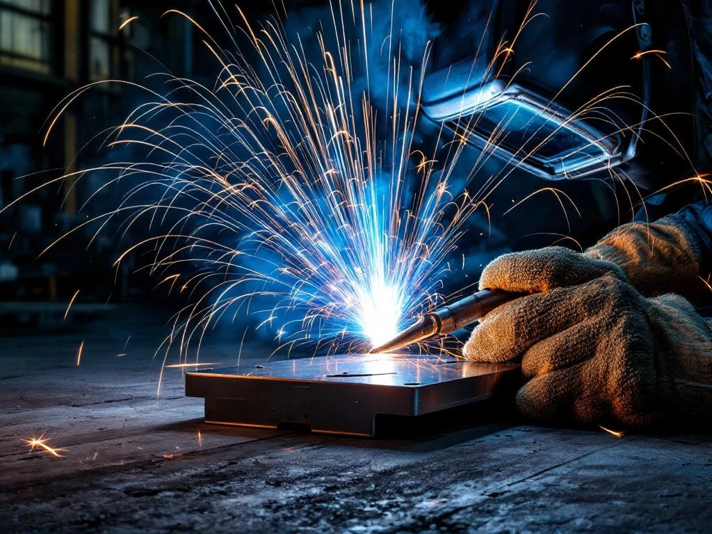 Sudor profesional cu arc electric strălucitor albastru-alb, echipament de protecție și piese metalice în atelier industrial