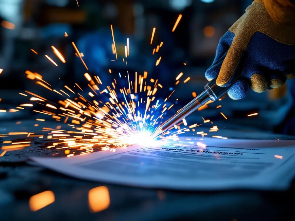 Mâini în mănuși de protecție țin torța de sudură cu scântei albastre-albe în atelier industrial cu echipamente