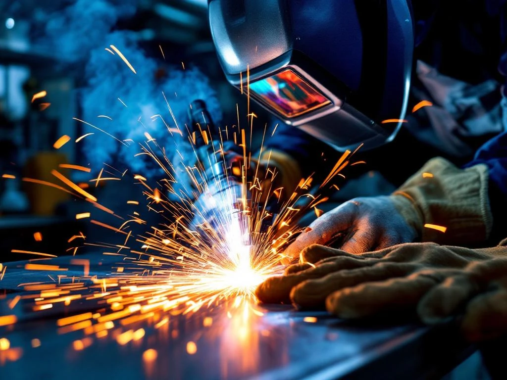 Spațiu profesional de sudură cu echipamente de siguranță, scântei înghețate în aer și iluminare industrială dramatică