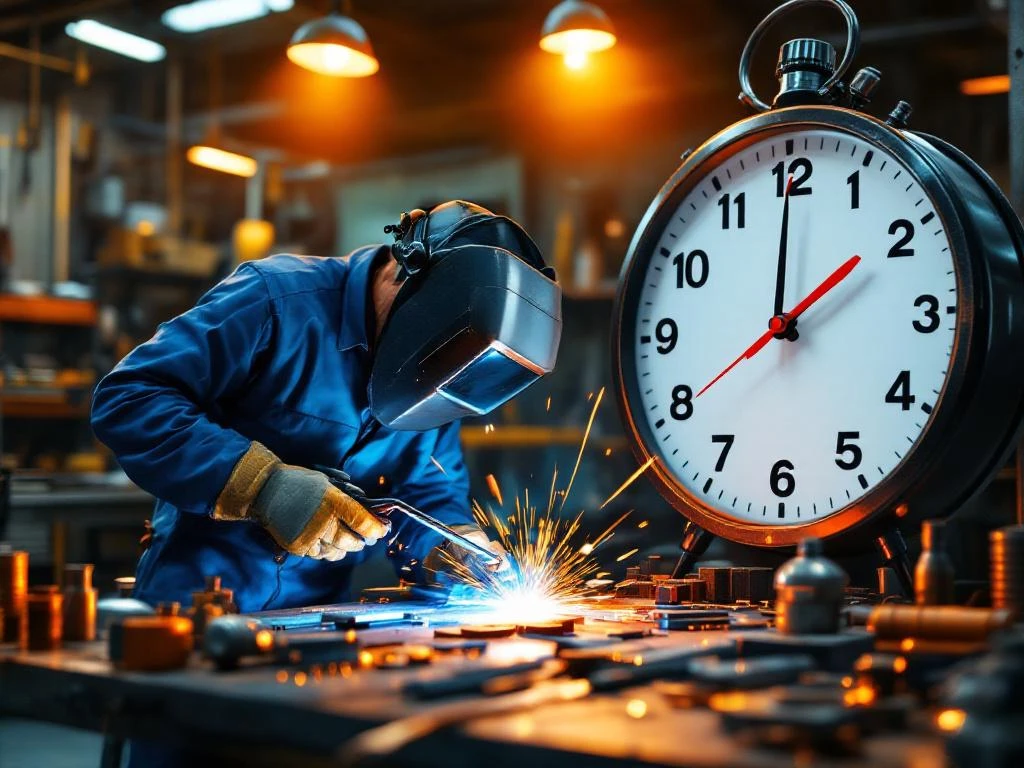 Spațiu de lucru pentru sudor profesionist cu echipamente de sudură, ceas analog și iluminare dramatică aurie