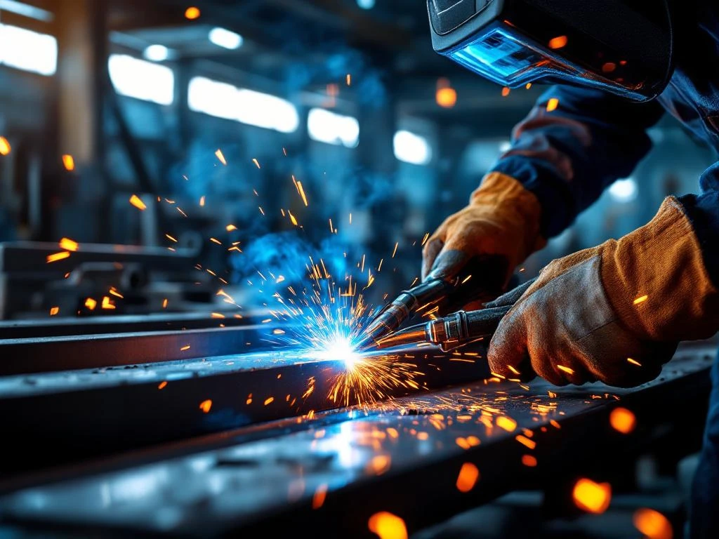 Mâini în mănuși de protecție folosind torța de sudură profesională cu scântei albastre pe metal în atelier industrial