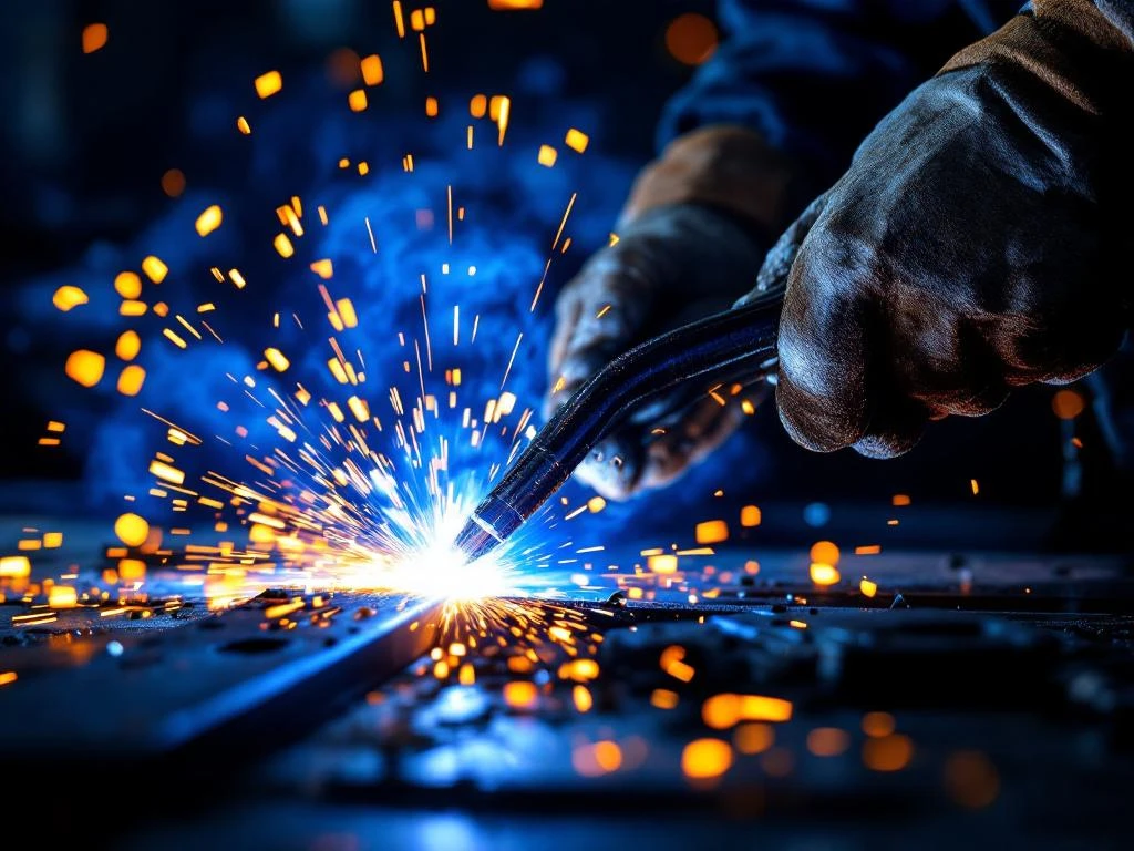 Mâinile unui sudor profesionist manevrând torța de sudură cu scântei albastre-albe pe metal întunecat în atelier