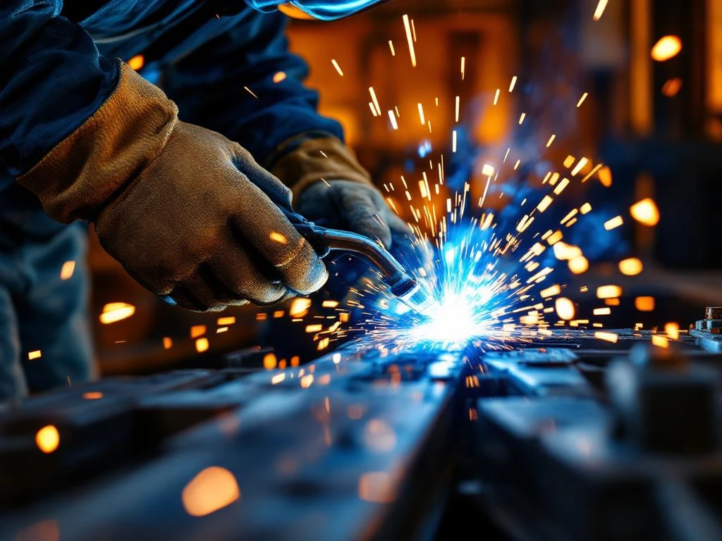 Mâinile unui sudor profesionist operând o torță de sudură, creând scântei albastre pe grinzi de oțel industrial.