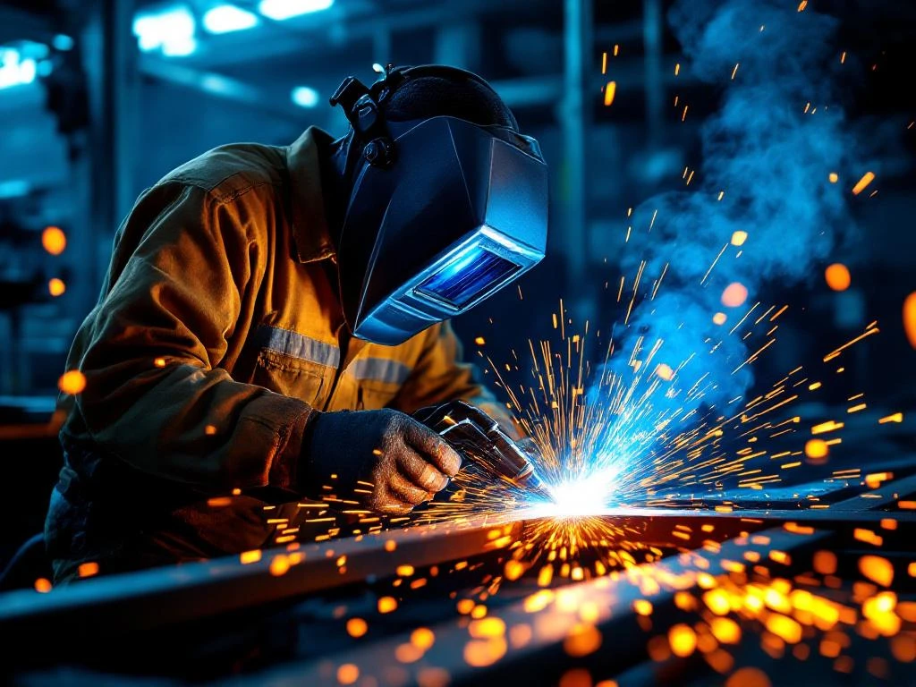 Sudor profesional lucrând cu torța de sudare pe grinzi metalice industriale, scântei strălucitoare în atelier