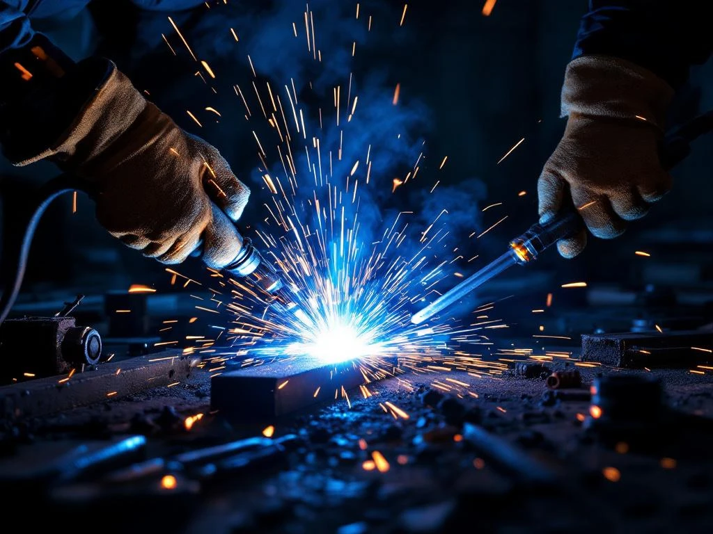 Mâinile unui sudor profesionist cu mănuși de protecție țin torța de sudură, creând scântei albastre și portocalii pe fundalul industrial întunecat
