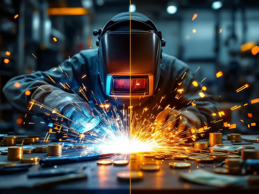 Tehnici de sudură arc și TIG în atelier industrial cu scântei albastre și flăcări aurii, unelte și monede integrate