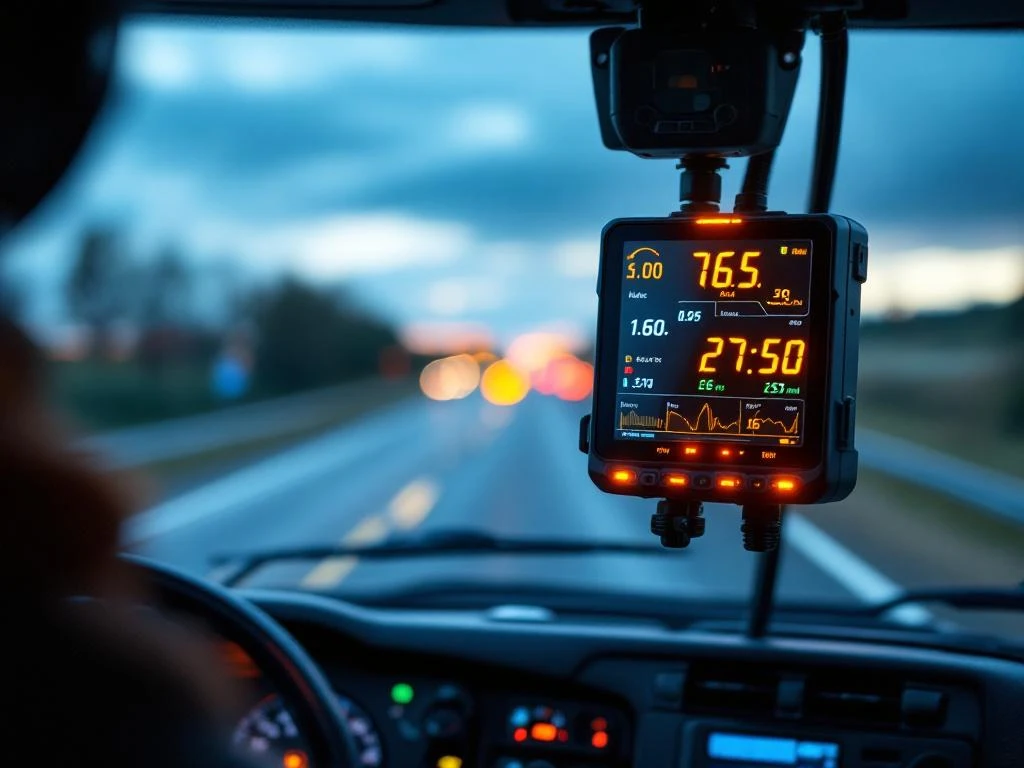 Tahograf digital modern pe bordul camionului afișând ore de conducere și perioade de odihnă cu indicatori LED colorați