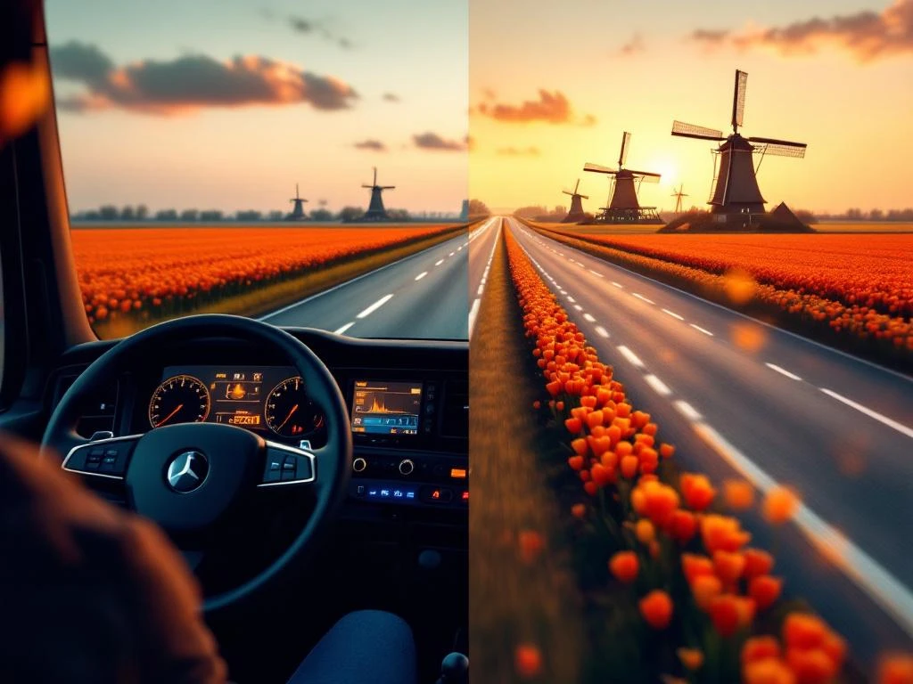 Camion european conectând două regiuni printr-o autostradă, cu morile de vânt olandeze și câmpuri de lalele portocalii