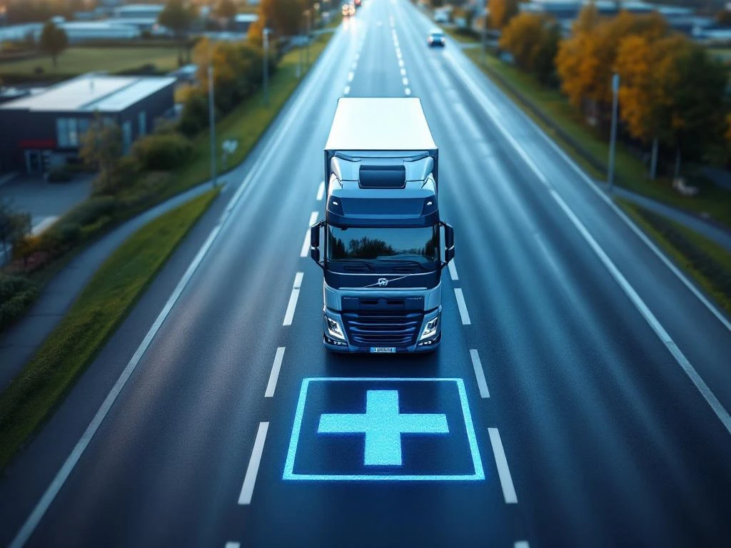 Camion internațional pe autostrada olandeză cu simbol medical crucă și facilități sanitare în fundal
