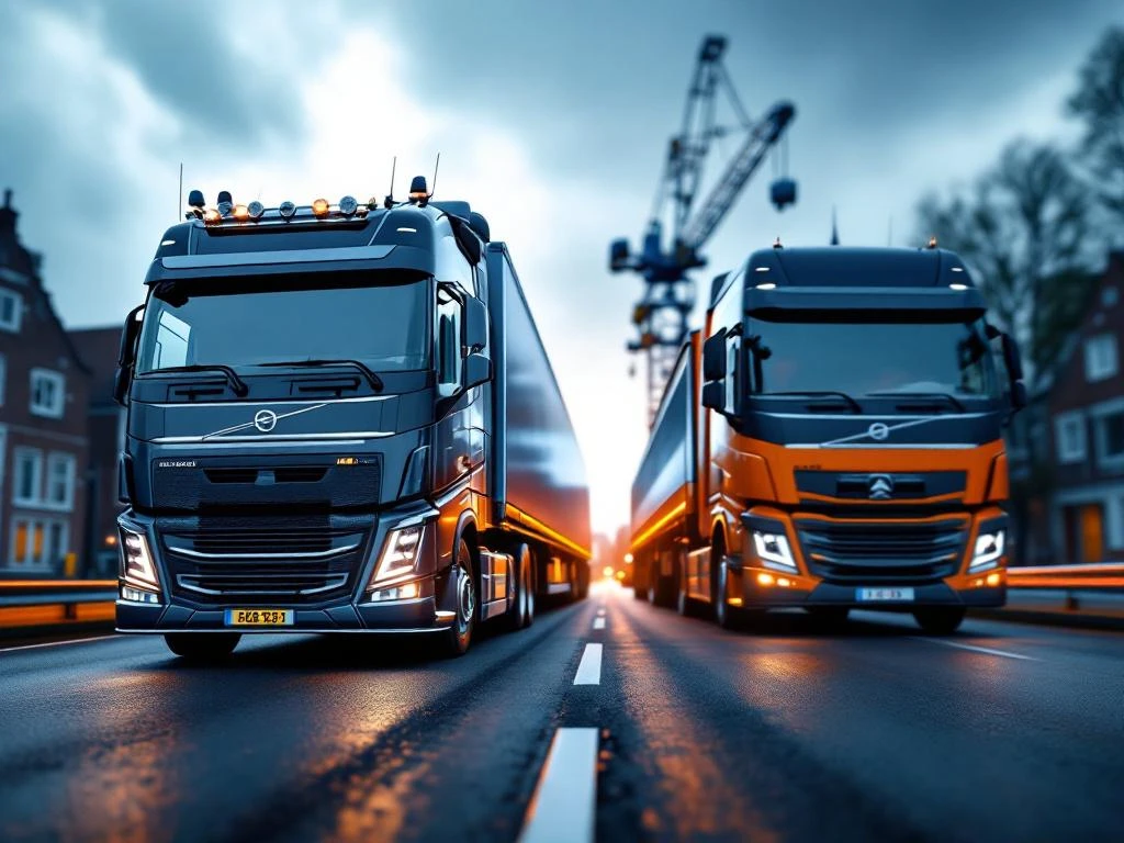 Camioane articulate, macara industrială și autobuz greu pentru licența CE în Olanda, pe asfalt olandez cu clădiri din cărămidă