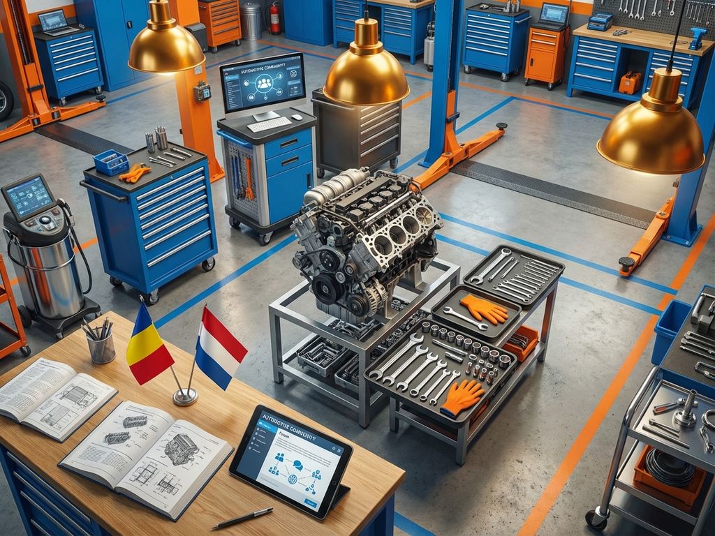 Atelier auto modern din Olanda cu motor european desamblat, scule profesionale și steaguri românești și olandeze