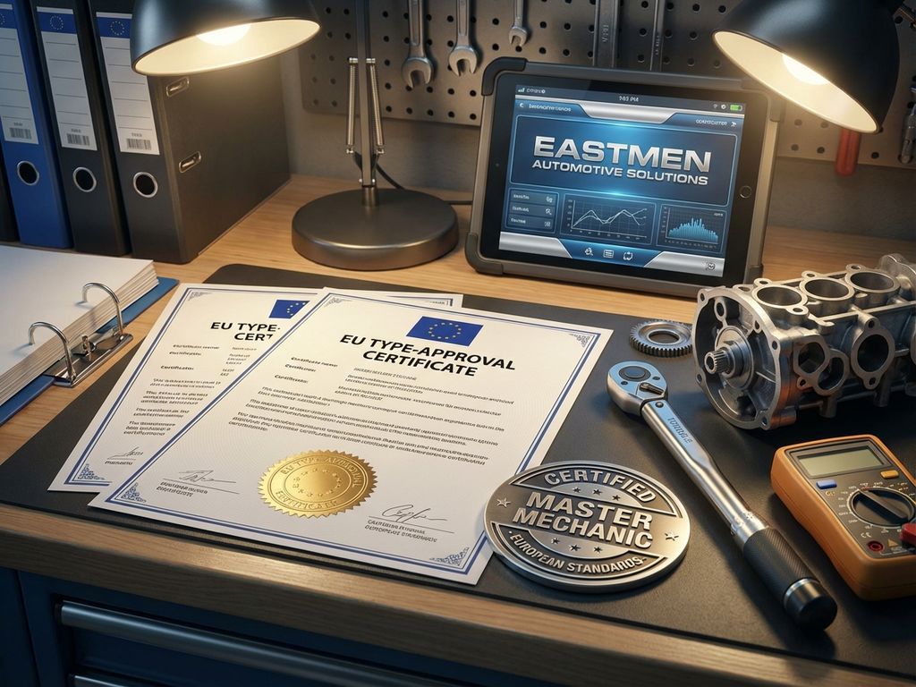 Documente de certificare auto europeană și insigne aurii pe masa de lucru cu scule și echipamente de diagnostic