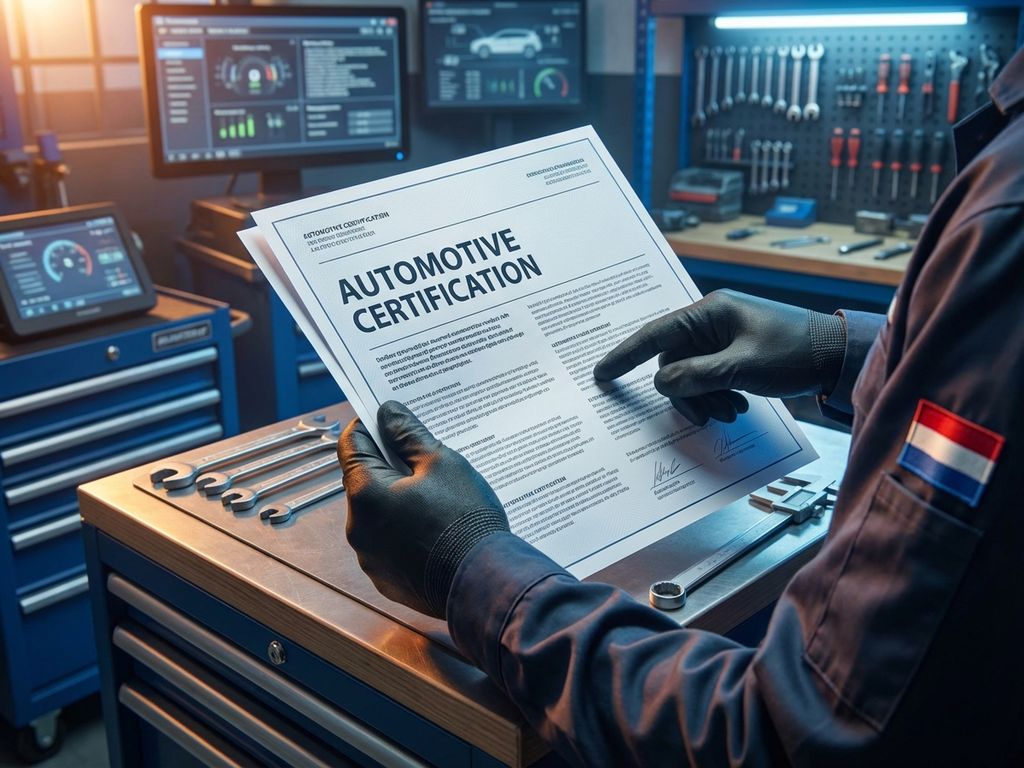 Mâini cu mănuși profesionale examinând certificat auto cu text olandez și român pe bancă de lucru în garaj