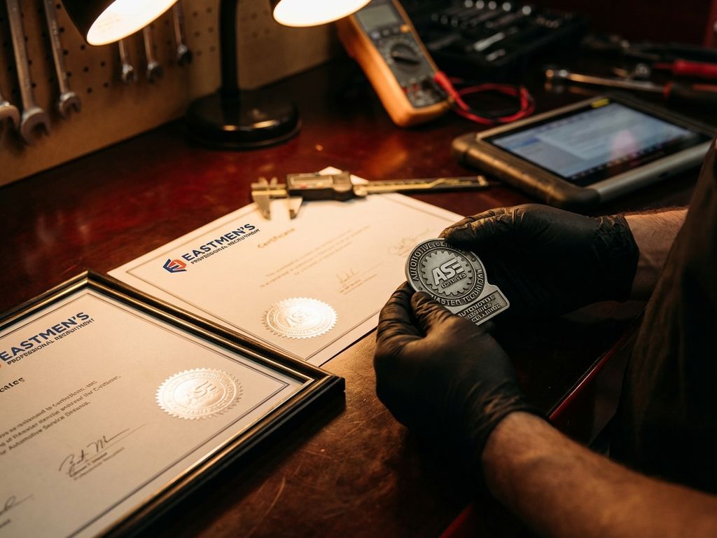 Certificate și insigne auto profesionale pe masa de lucru cu unelte de precizie și echipamente de diagnosticare în fundal