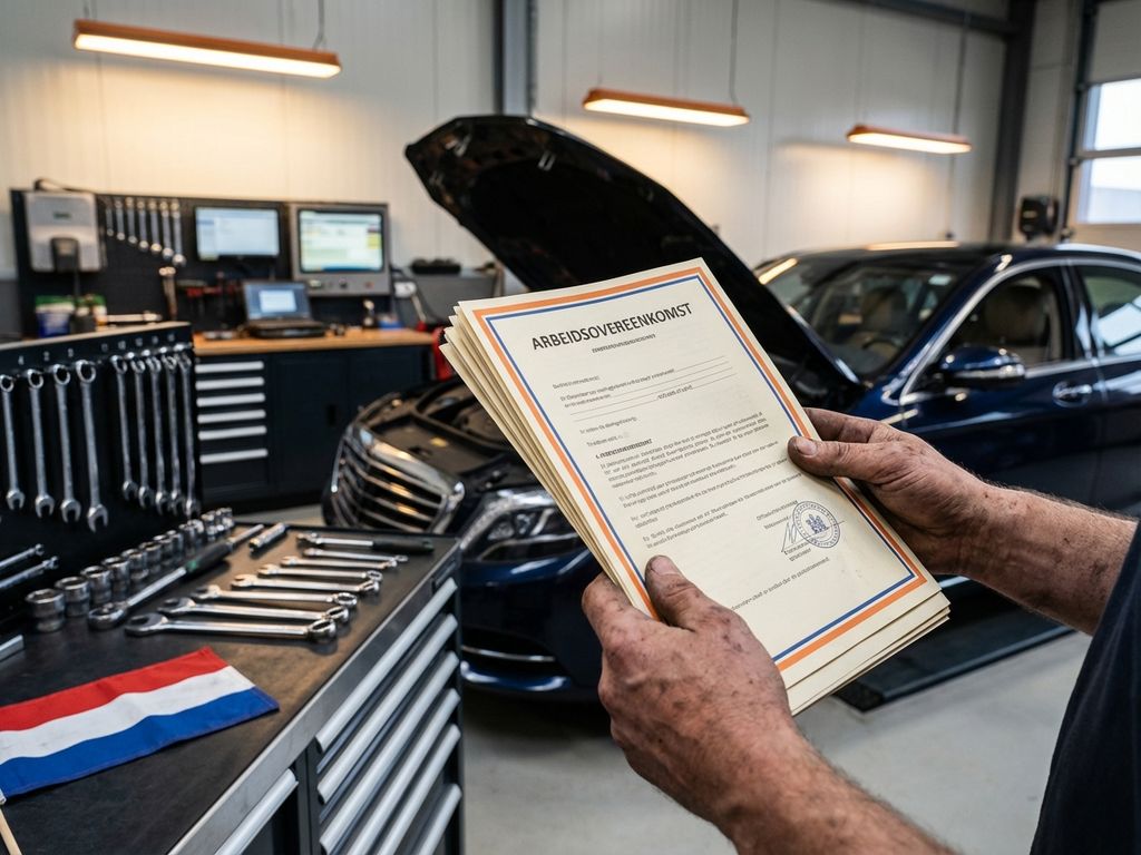 Mâini ținând contract de muncă olandez în atelier auto profesional cu unelte și motor de mașină de lux în fundal