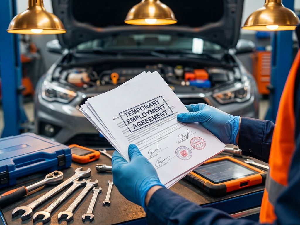 Mâini în mănuși albastre țin contracte de muncă temporară în atelier auto profesional cu scule și motor pe fundal