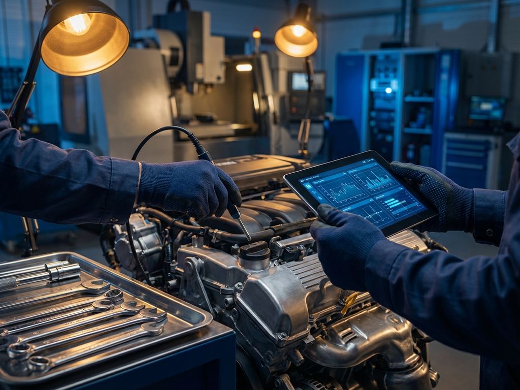 Mecanic cu mănuși folosind echipament de diagnosticare auto pe motor modern în atelier profesional cu iluminare industrială