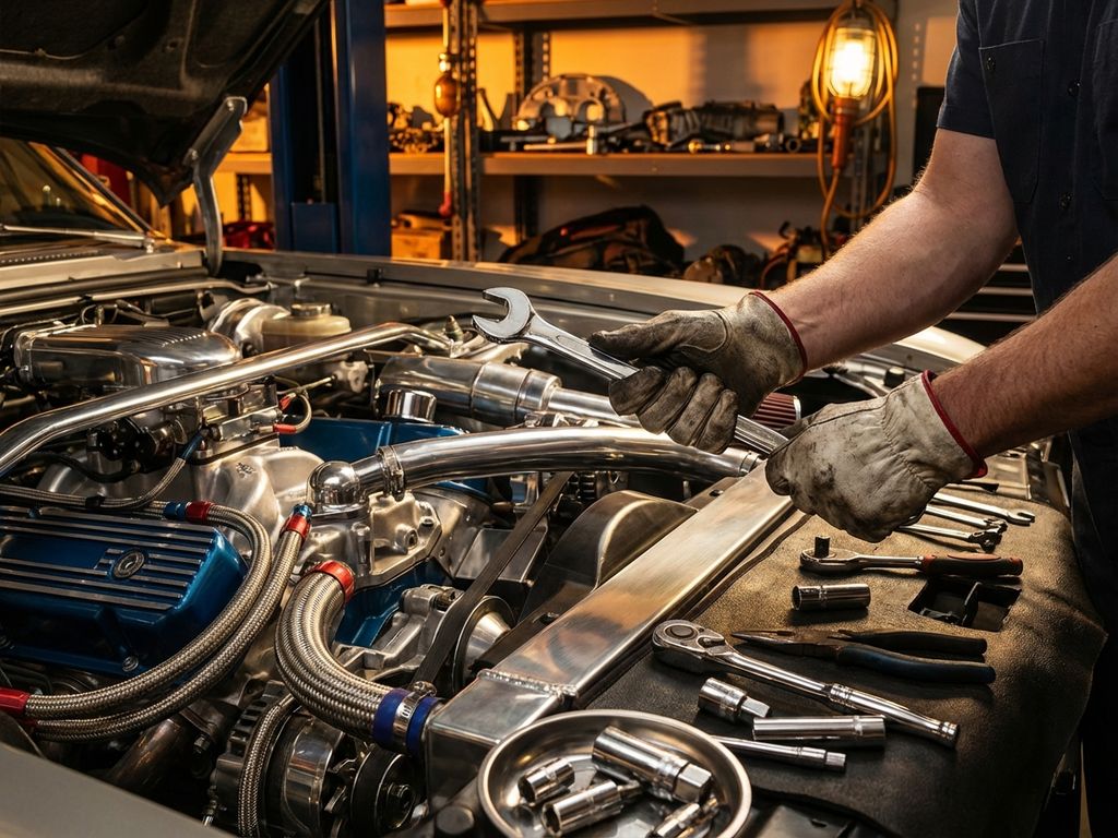 Mâini cu mănuși de lucru țin o cheie cromată deasupra motorului auto în garaj cu iluminare dramatică