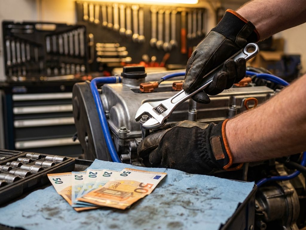 Mâini cu mănuși de lucru țin cheie cromată pe motor auto, cu bancnote euro olandeze în prim-plan în atelier