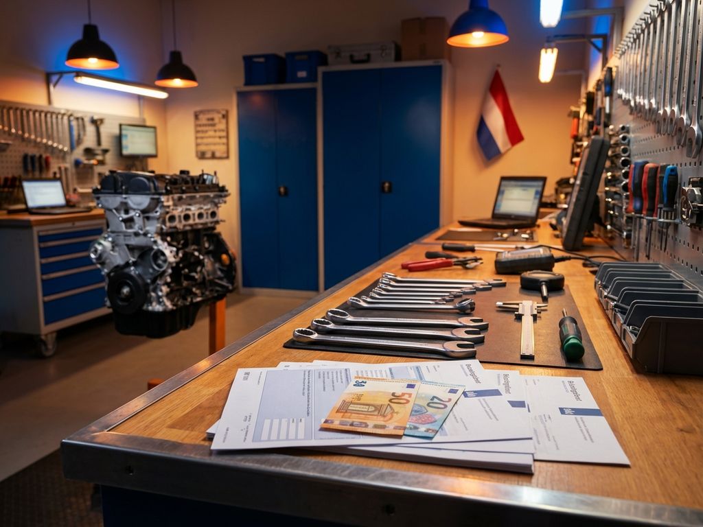 Mecanic auto profesionist în atelier olandez cu instrumente, documente fiscale și bancnote euro pe masa de lucru