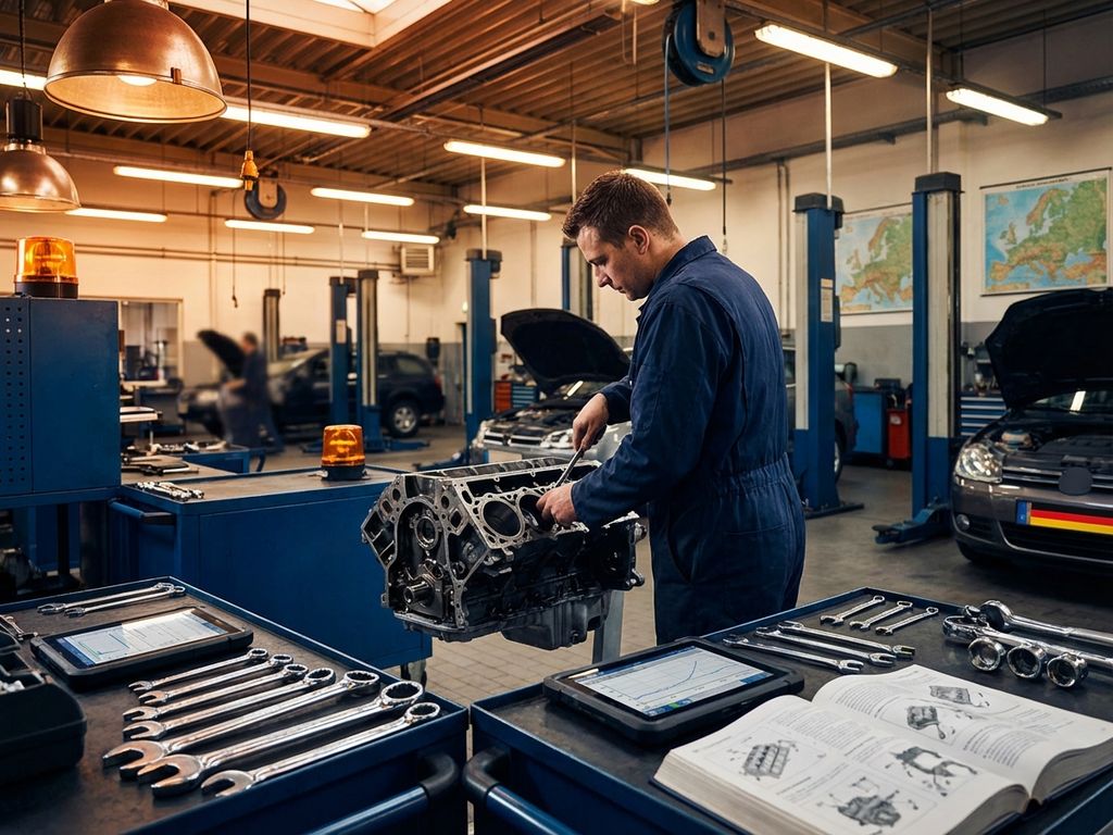 Atelier auto profesional cu motor dezasamblat, unelte cromate și echipamente de diagnosticare pe fundal cu steaguri europene